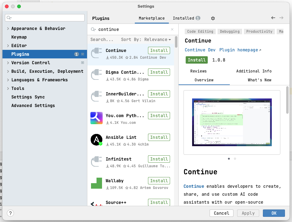 Install Continue on IntelliJ IDE